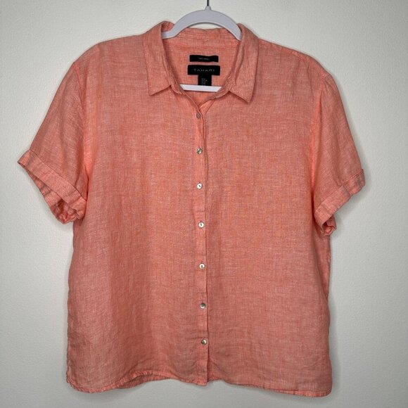 Tahari Short Sleeve Linen Shirt Size M Coral Peach Button - Picture 1 of 8